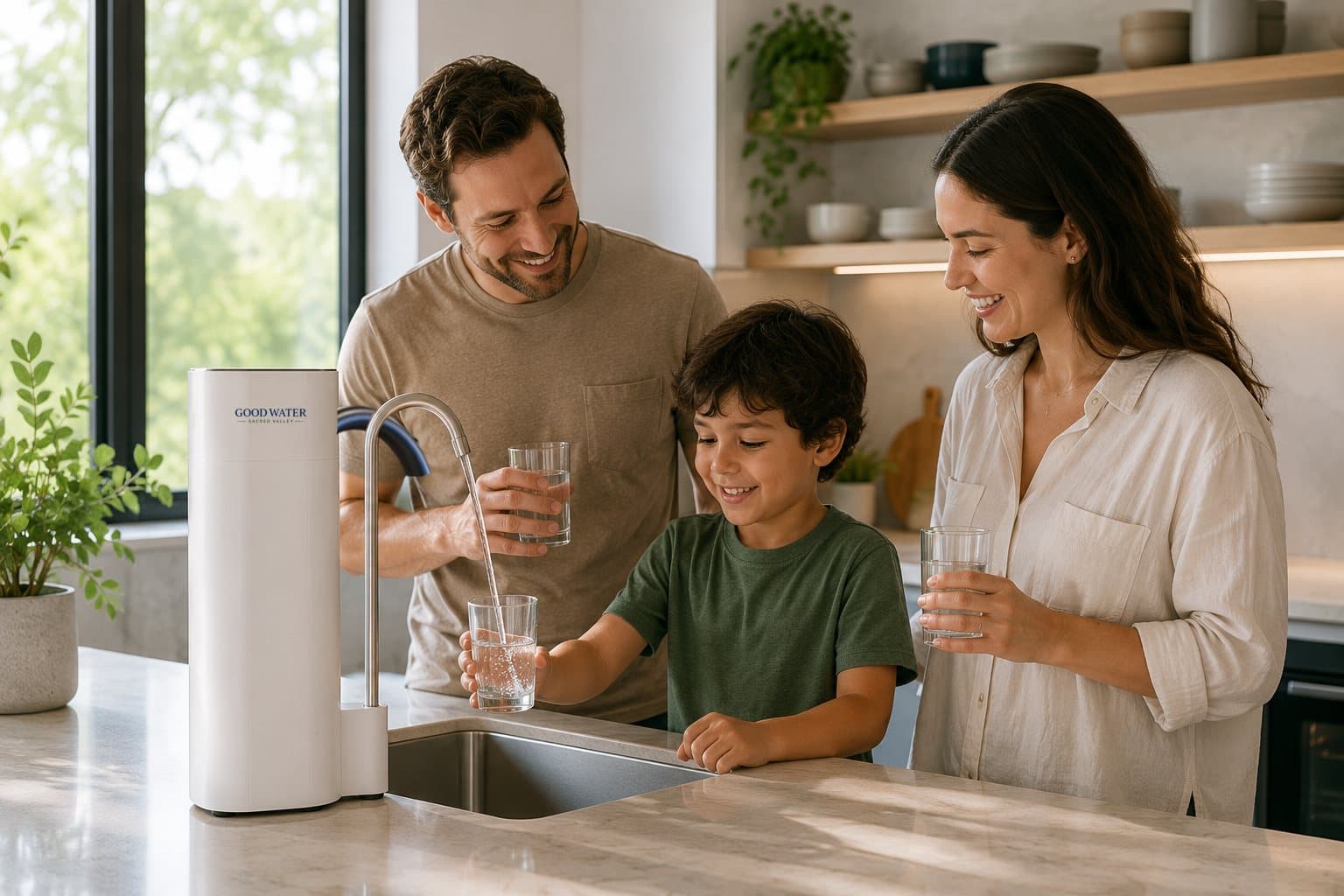 Familia sirviéndose agua filtrada del sistema Good Water en su cocina